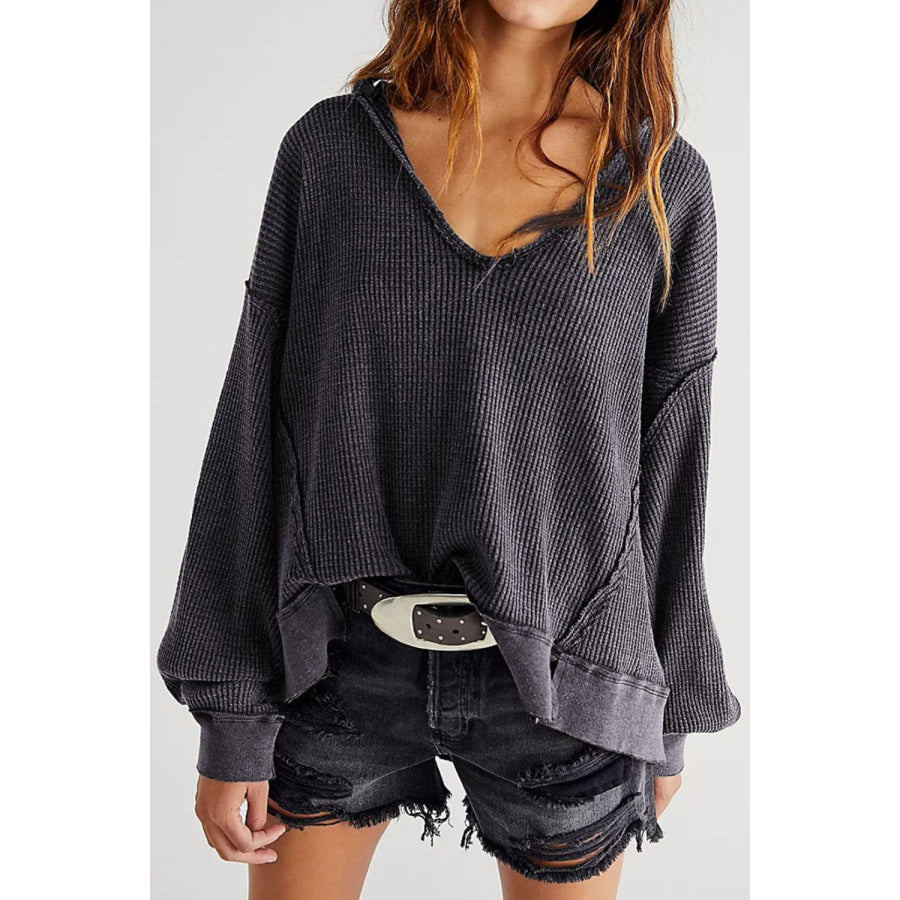 Waffle-Knit Notched Long Sleeve Sweatshirt Dark Gray / S Apparel and Accessories