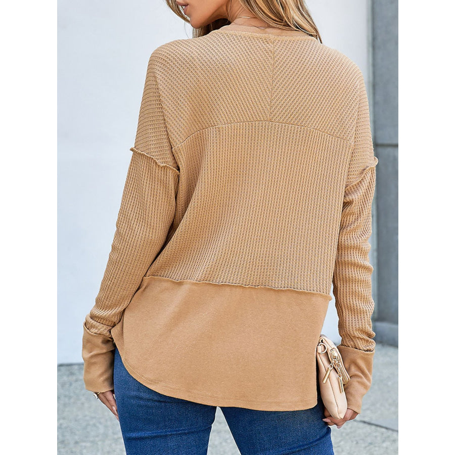 Waffle-Knit Notched Long Sleeve T-Shirt Tan / S Apparel and Accessories