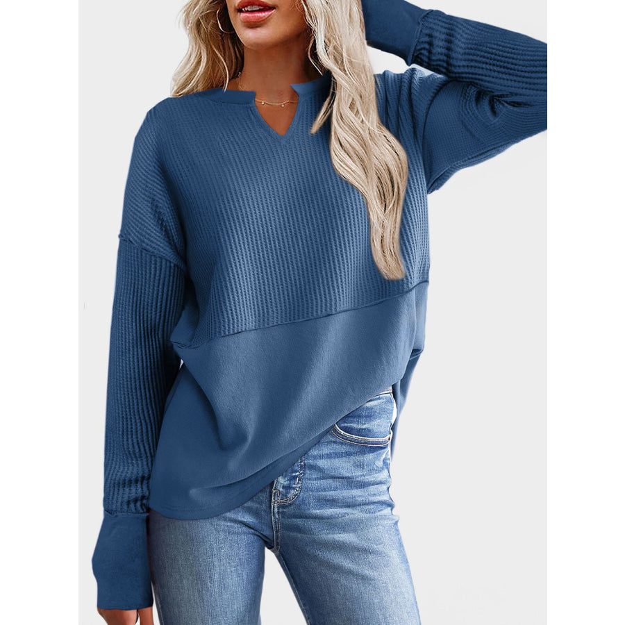 Waffle-Knit Notched Long Sleeve T-Shirt Apparel and Accessories