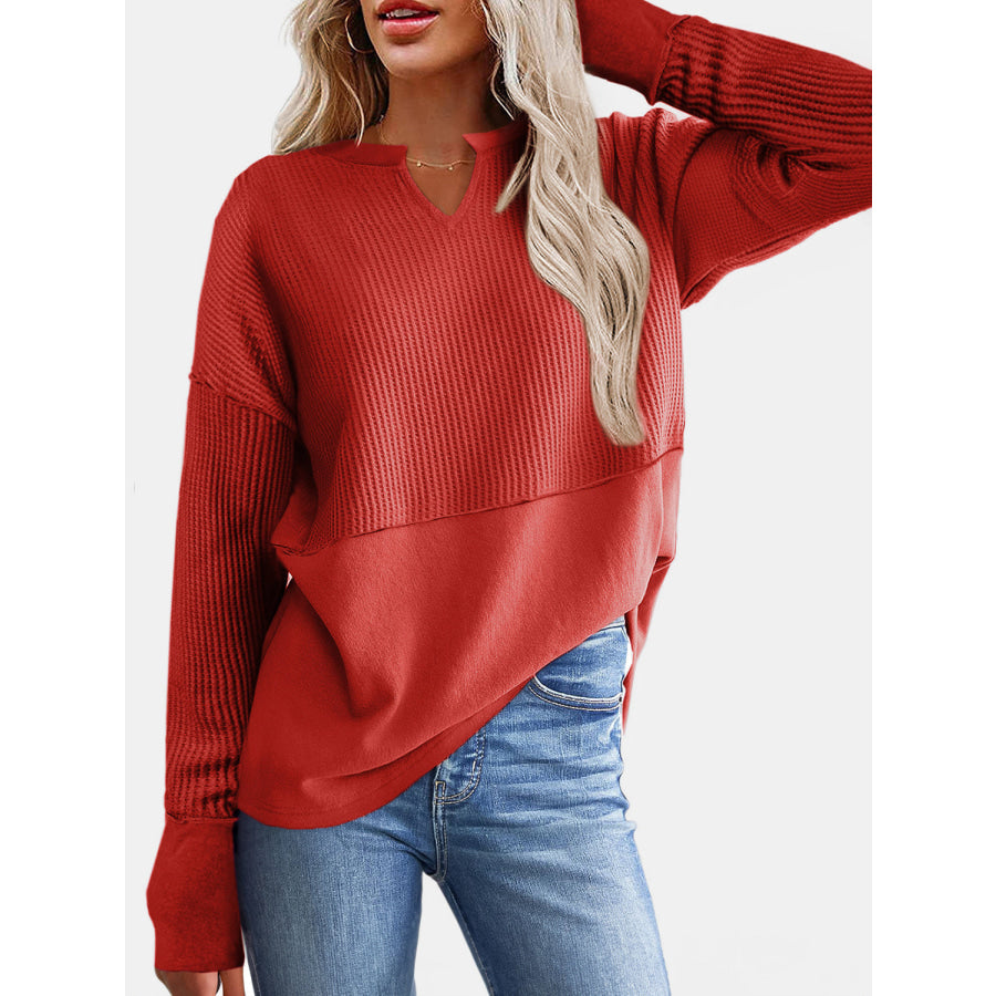 Waffle-Knit Notched Long Sleeve T-Shirt Apparel and Accessories