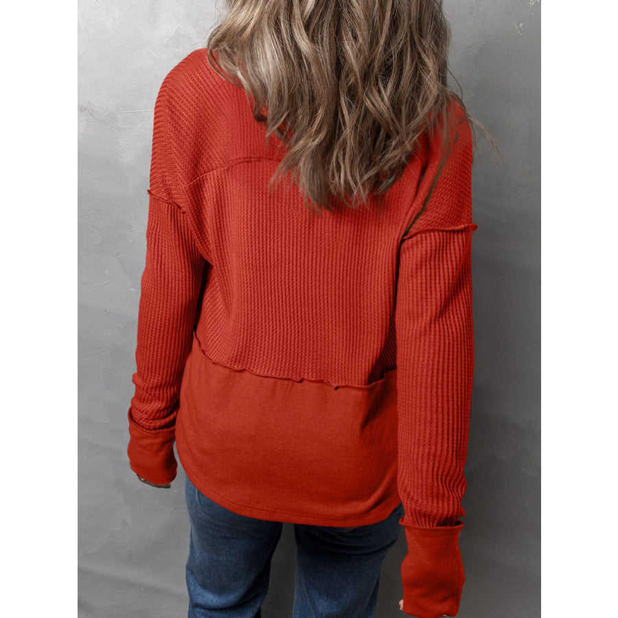 Waffle-Knit Notched Long Sleeve T-Shirt Apparel and Accessories