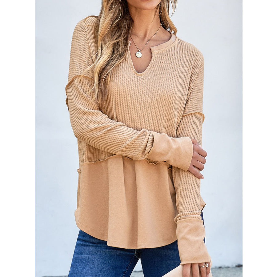 Waffle-Knit Notched Long Sleeve T-Shirt Apparel and Accessories