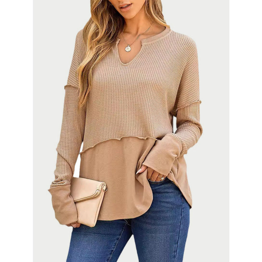 Waffle-Knit Notched Long Sleeve T-Shirt Apparel and Accessories