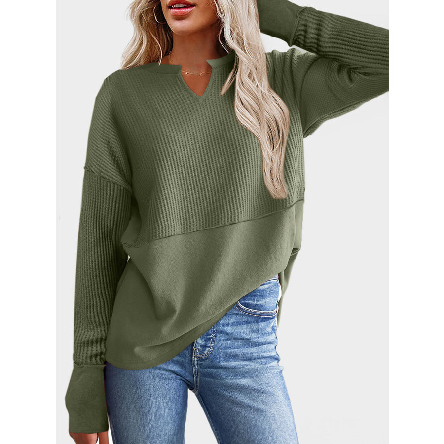 Waffle-Knit Notched Long Sleeve T-Shirt Apparel and Accessories