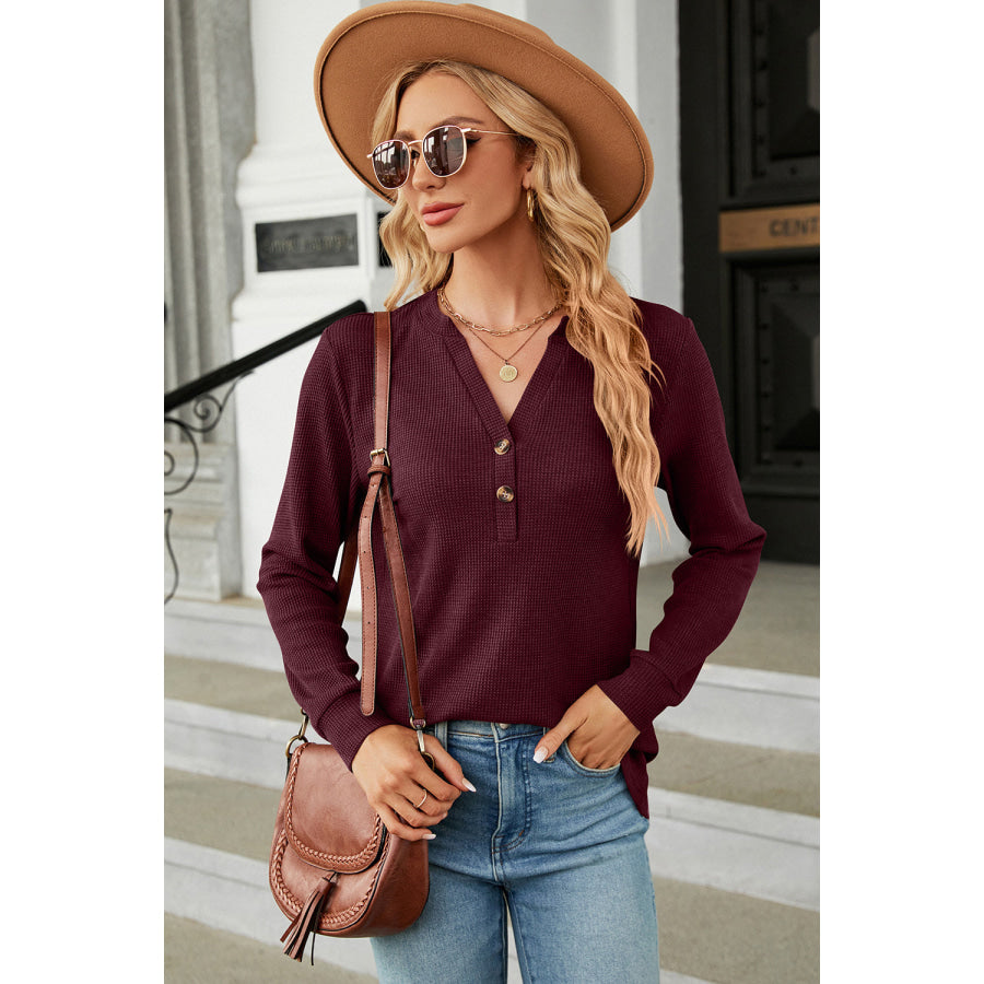 Waffle - Knit Notched Long Sleeve T - Shirt Apparel and Accessories