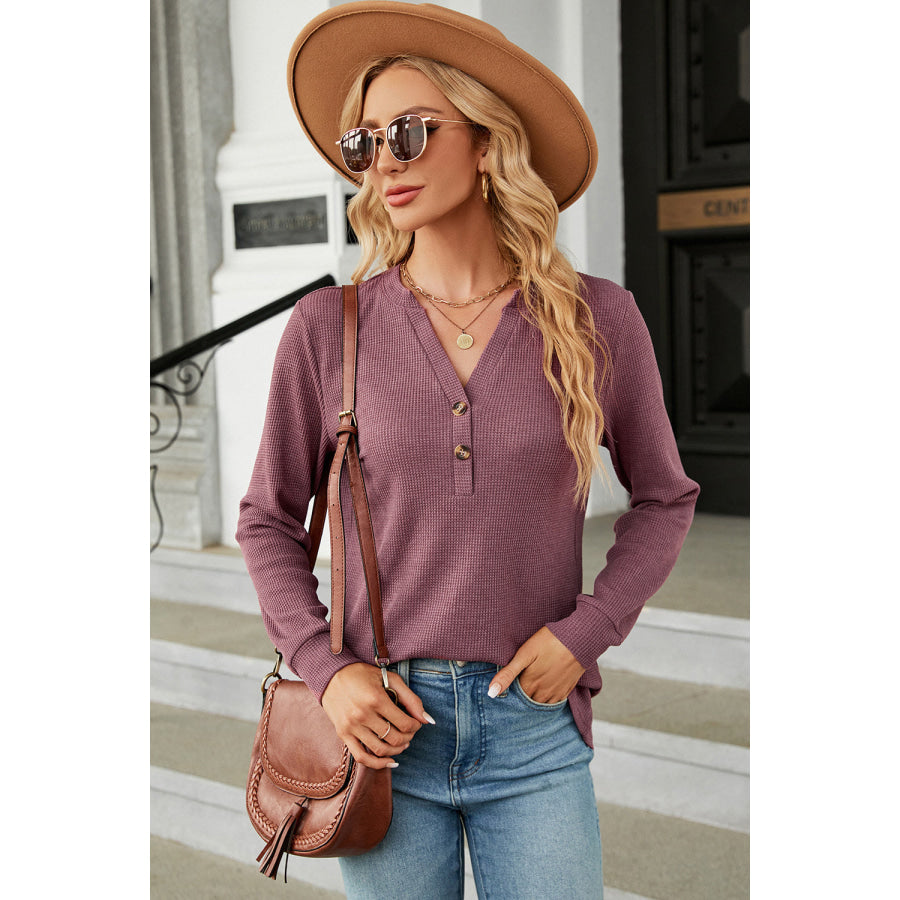 Waffle - Knit Notched Long Sleeve T - Shirt Apparel and Accessories