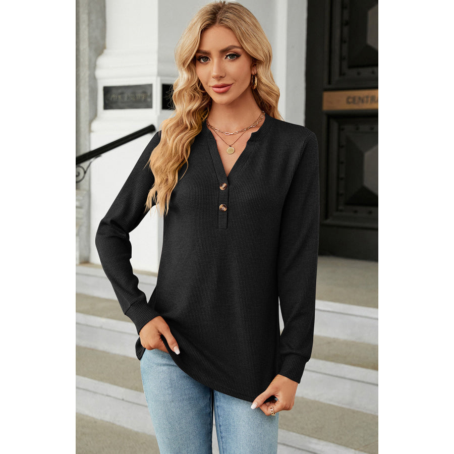 Waffle - Knit Notched Long Sleeve T - Shirt Black / S Apparel and Accessories