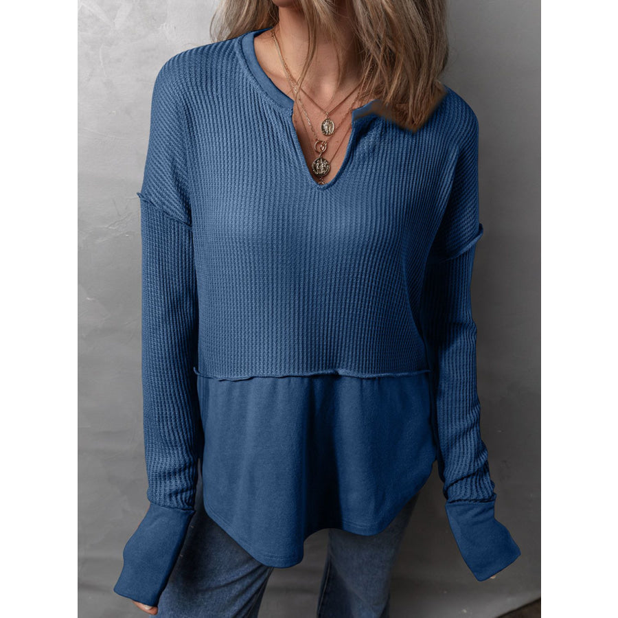 Waffle-Knit Notched Long Sleeve T-Shirt Blue / S Apparel and Accessories