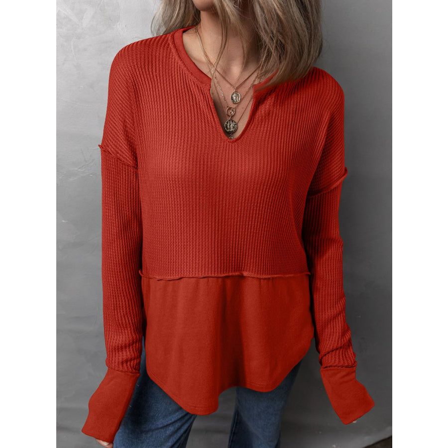 Waffle-Knit Notched Long Sleeve T-Shirt Deep Red / S Apparel and Accessories