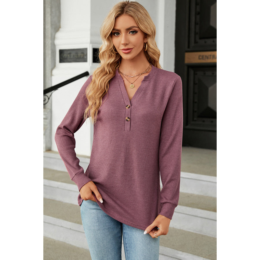 Waffle - Knit Notched Long Sleeve T - Shirt Dusty Purple / S Apparel and Accessories