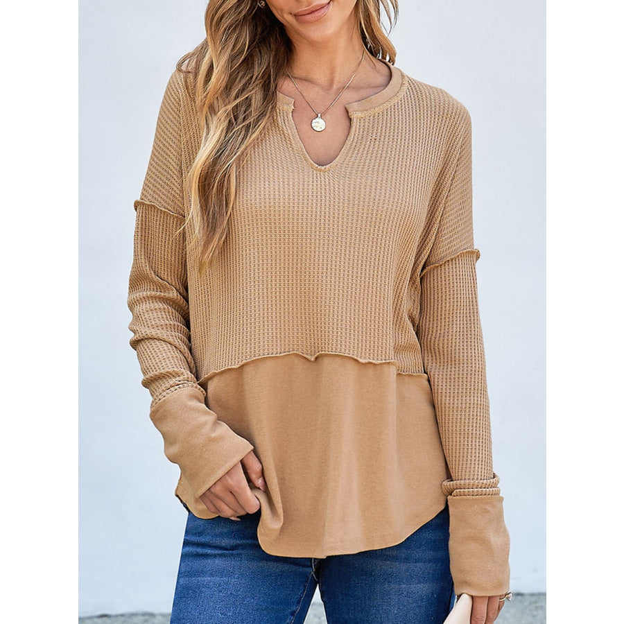 Waffle-Knit Notched Long Sleeve T-Shirt Tan / S Apparel and Accessories