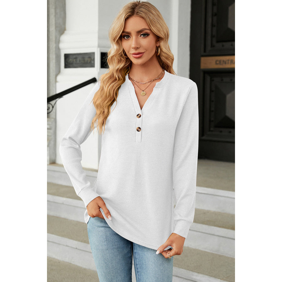 Waffle - Knit Notched Long Sleeve T - Shirt White / S Apparel and Accessories