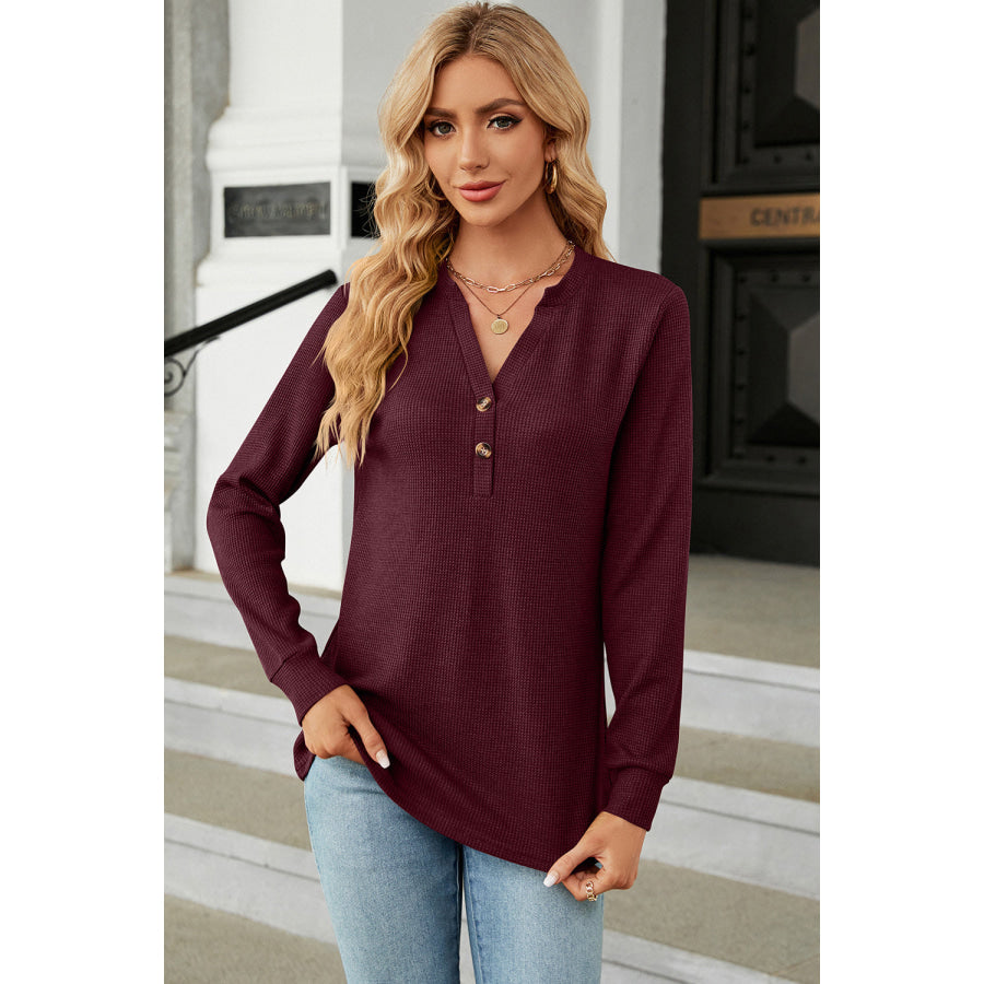 Waffle - Knit Notched Long Sleeve T - Shirt Wine / S Apparel and Accessories