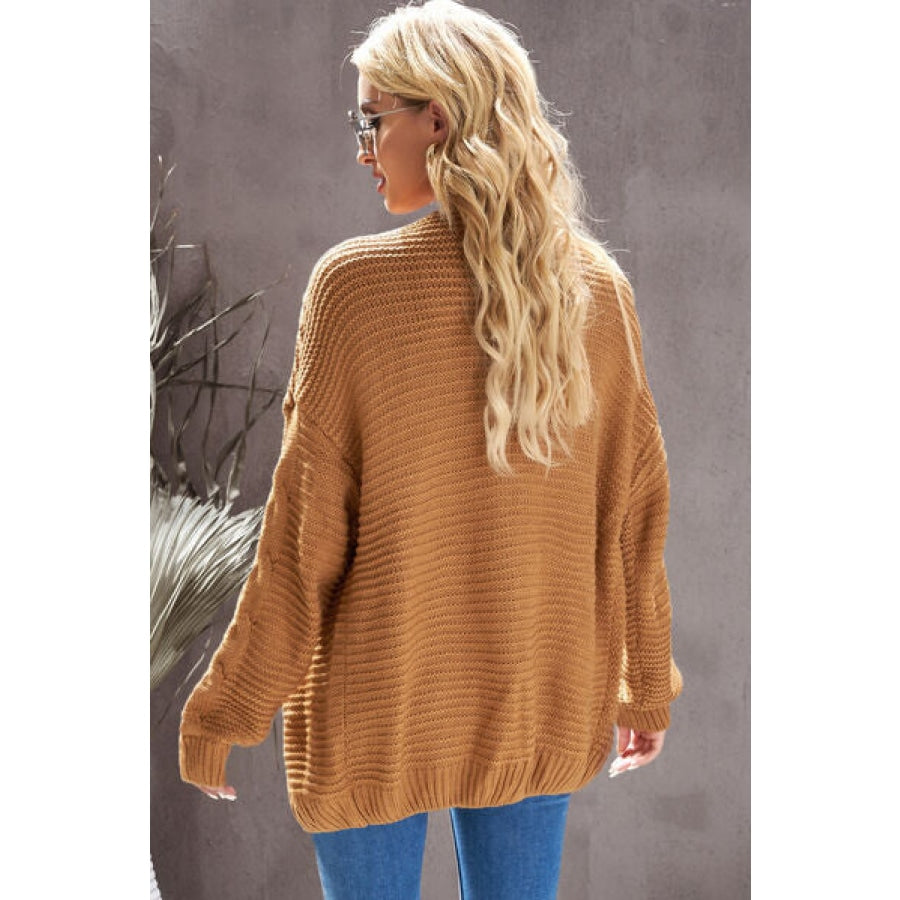 Waffle-Knit Open Front Dropped Shoulder Sweater Honey / S Clothing