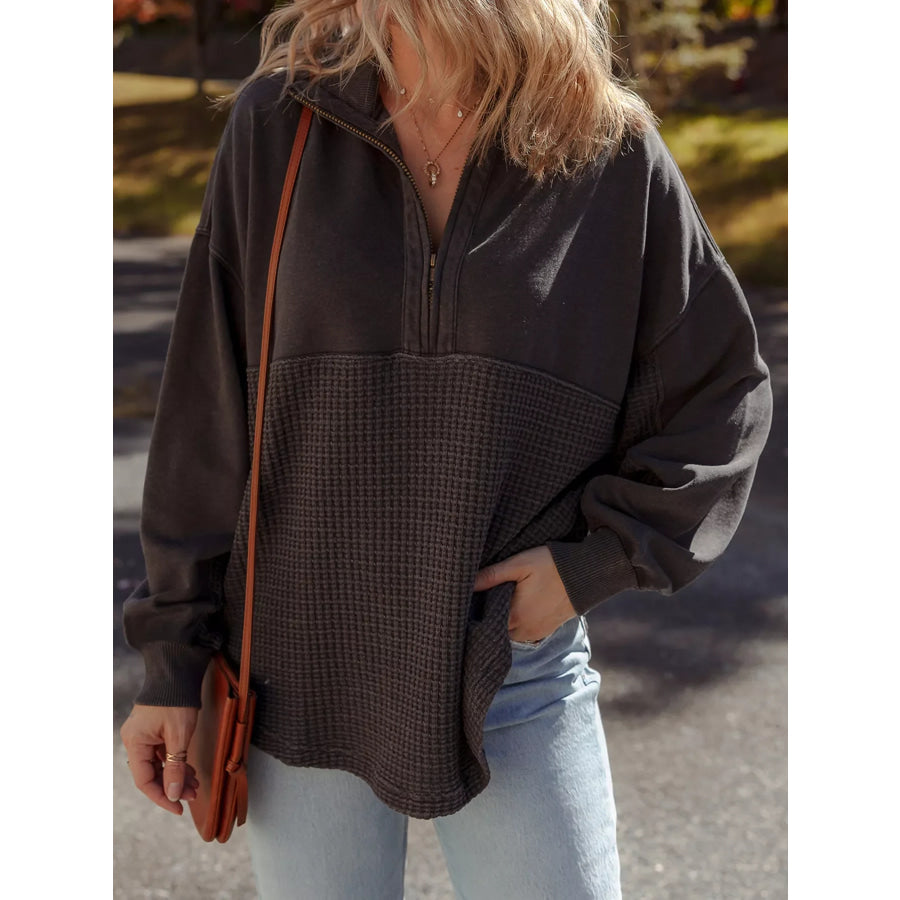 Waffle Knit Patchwork Half Zipped Casual Sweatshirt Apparel and Accessories