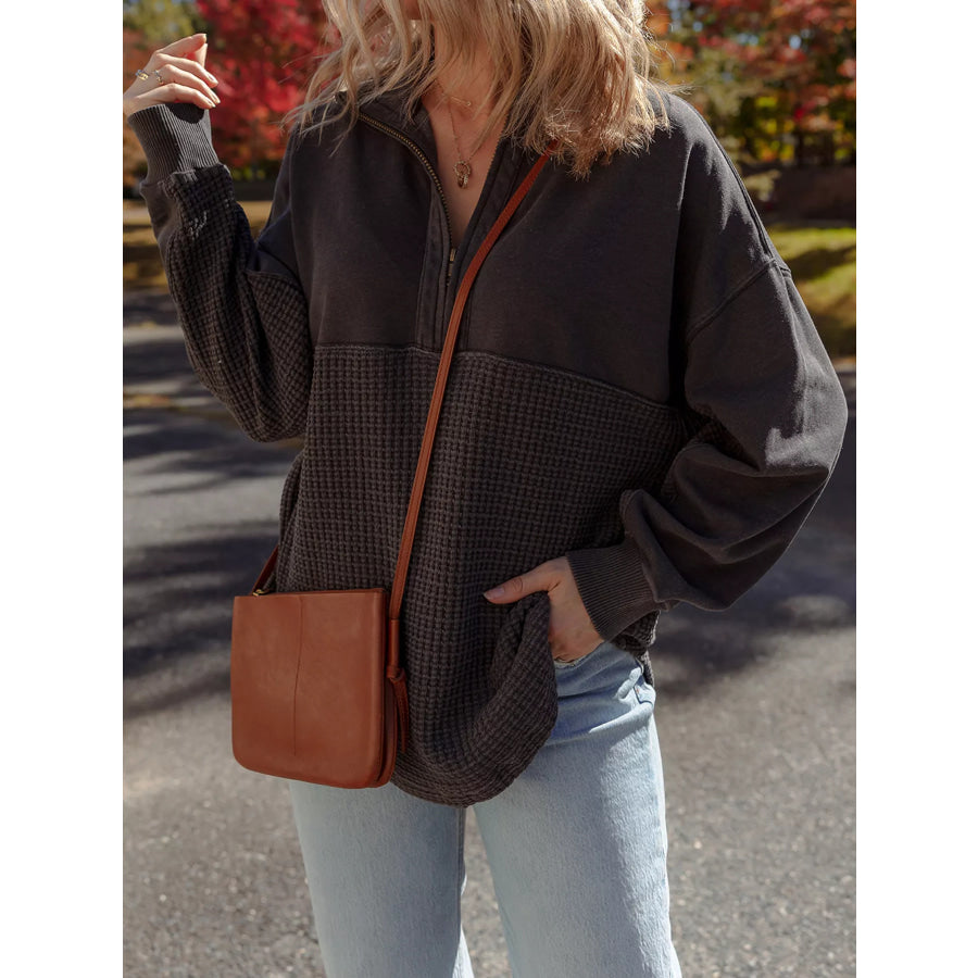 Waffle Knit Patchwork Half Zipped Casual Sweatshirt Apparel and Accessories