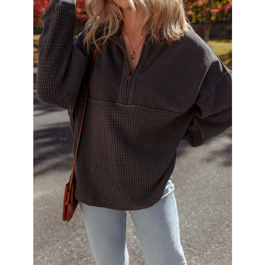 Waffle Knit Patchwork Half Zipped Casual Sweatshirt Apparel and Accessories