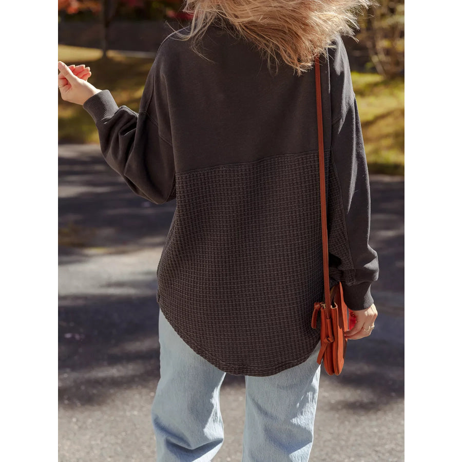 Waffle Knit Patchwork Half Zipped Casual Sweatshirt Apparel and Accessories