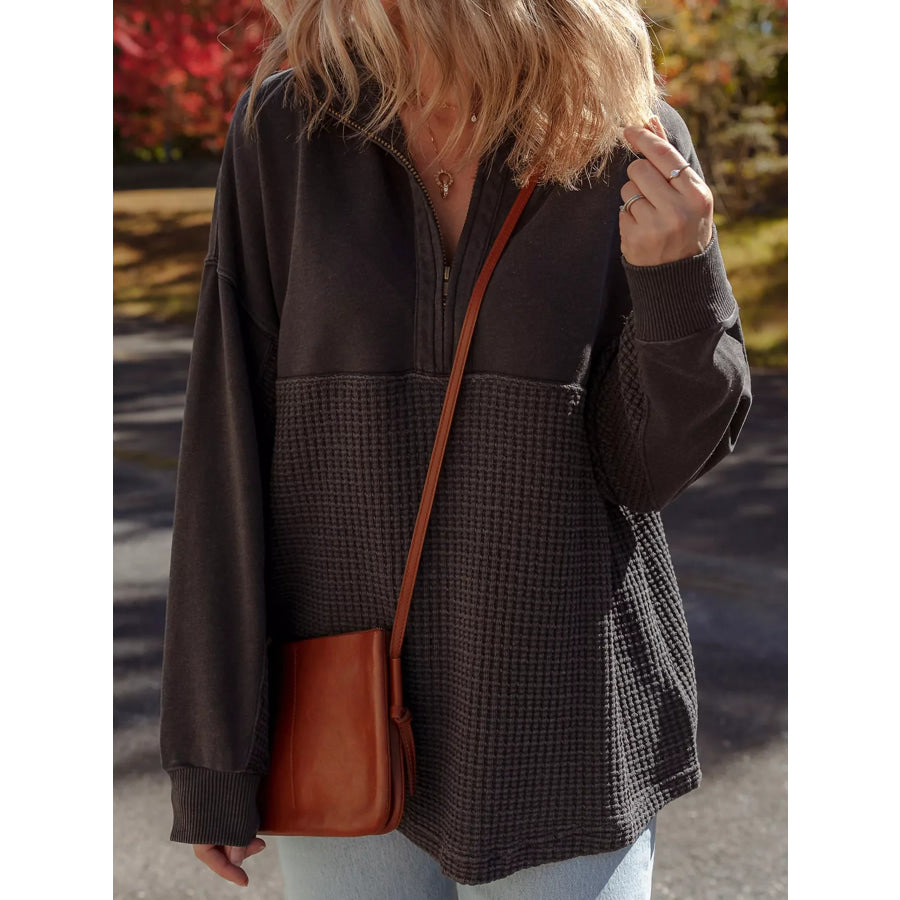 Waffle Knit Patchwork Half Zipped Casual Sweatshirt Apparel and Accessories