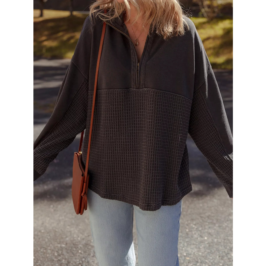 Waffle Knit Patchwork Half Zipped Casual Sweatshirt Apparel and Accessories