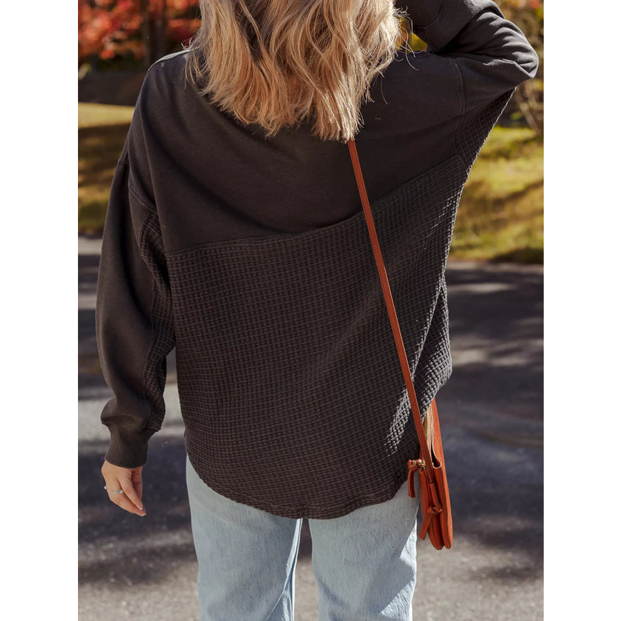 Waffle Knit Patchwork Half Zipped Casual Sweatshirt Apparel and Accessories