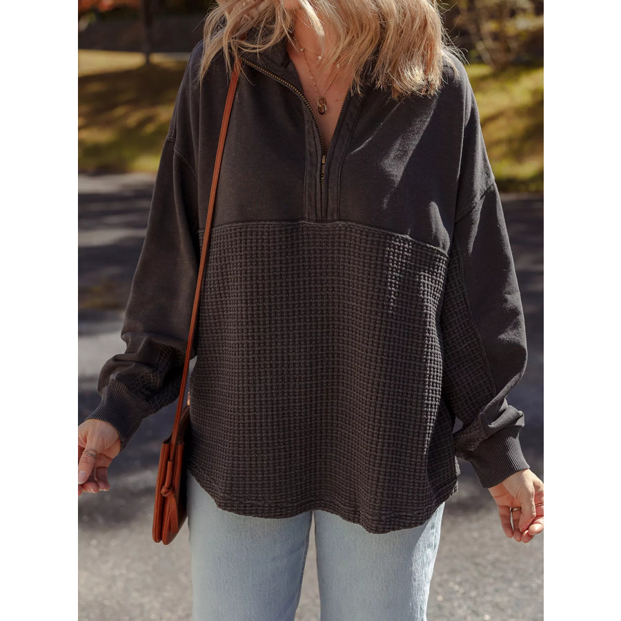 Waffle Knit Patchwork Half Zipped Casual Sweatshirt Dark Gray / S Apparel and Accessories