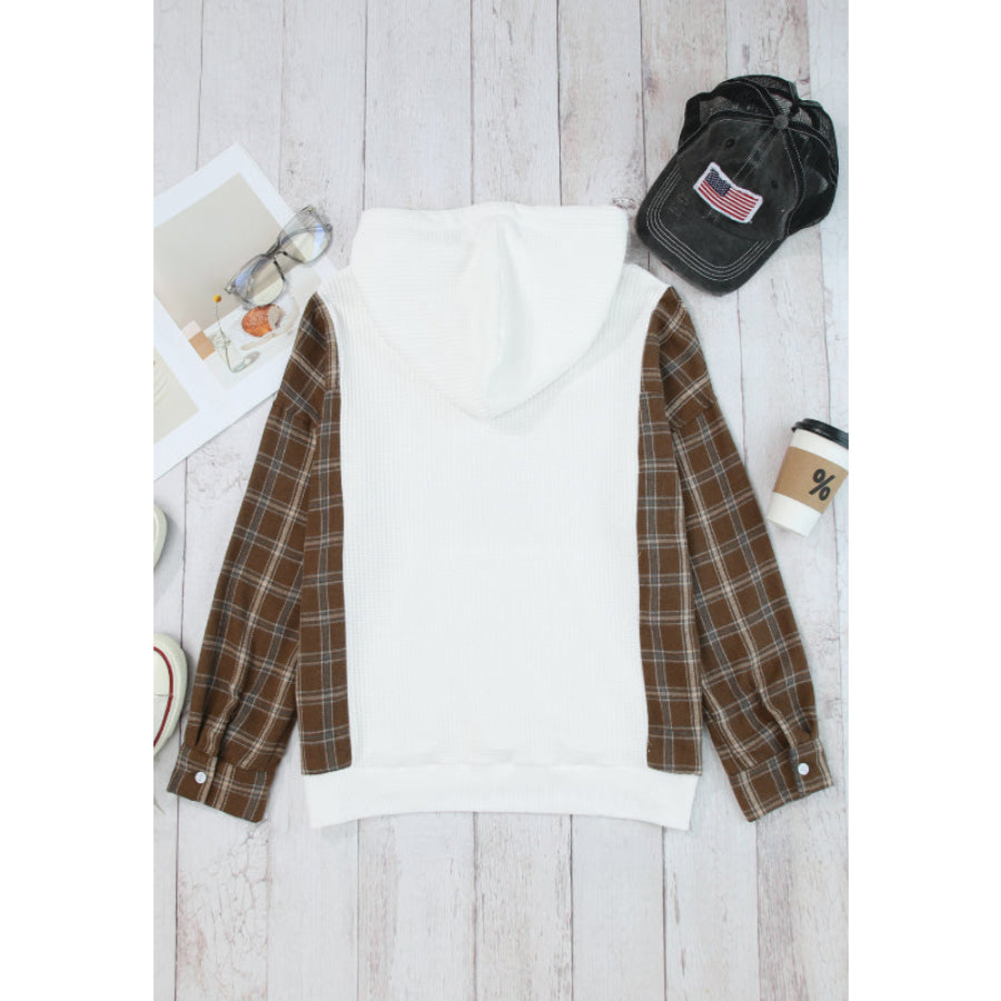 Waffle Knit Plaid Long Sleeve Kangaroo Pocket Hoodie Apparel and Accessories