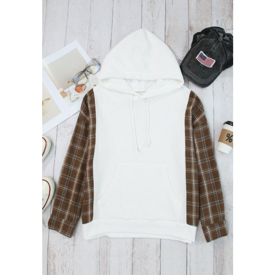 Waffle Knit Plaid Long Sleeve Kangaroo Pocket Hoodie Apparel and Accessories