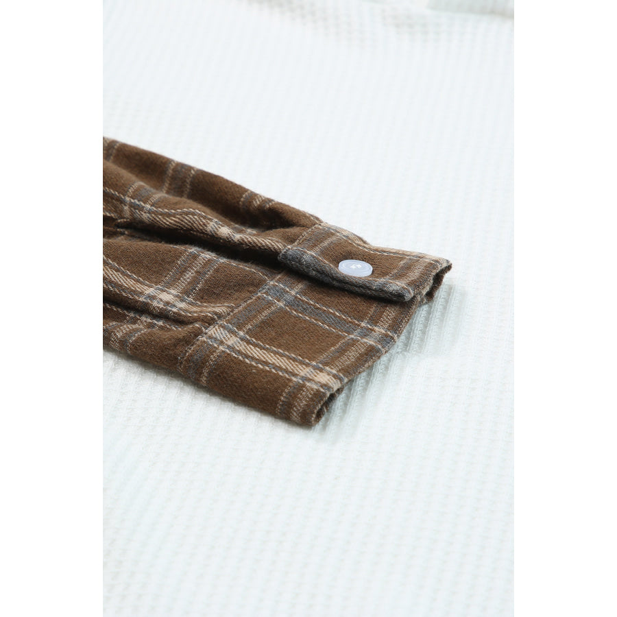 Waffle Knit Plaid Long Sleeve Kangaroo Pocket Hoodie Apparel and Accessories