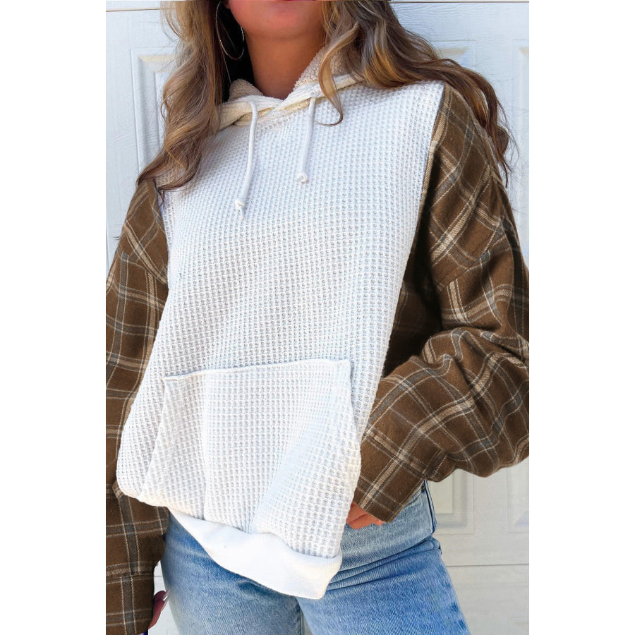 Waffle Knit Plaid Long Sleeve Kangaroo Pocket Hoodie Apparel and Accessories