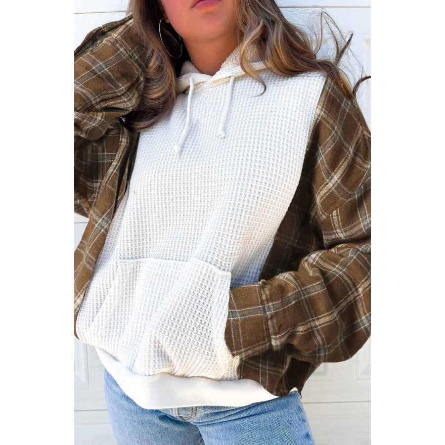 Waffle Knit Plaid Long Sleeve Kangaroo Pocket Hoodie White / S Apparel and Accessories