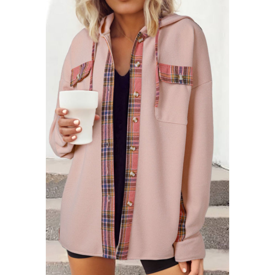 Waffle Knit Plaid Patchwork Drawstring Hooded Shacket Blush Pink / S Apparel and Accessories