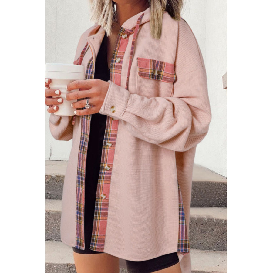 Waffle Knit Plaid Patchwork Drawstring Hooded Shacket Blush Pink / S Apparel and Accessories