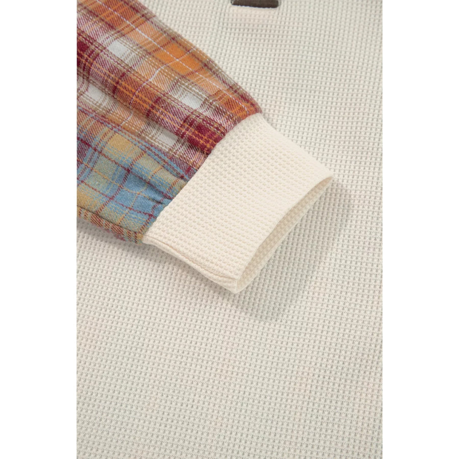 Waffle Knit Plaid Patchwork Long Sleeve Blouse Apparel and Accessories
