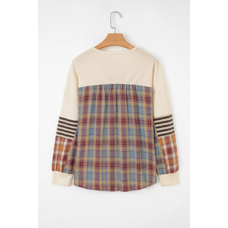 Waffle Knit Plaid Patchwork Long Sleeve Blouse Apparel and Accessories