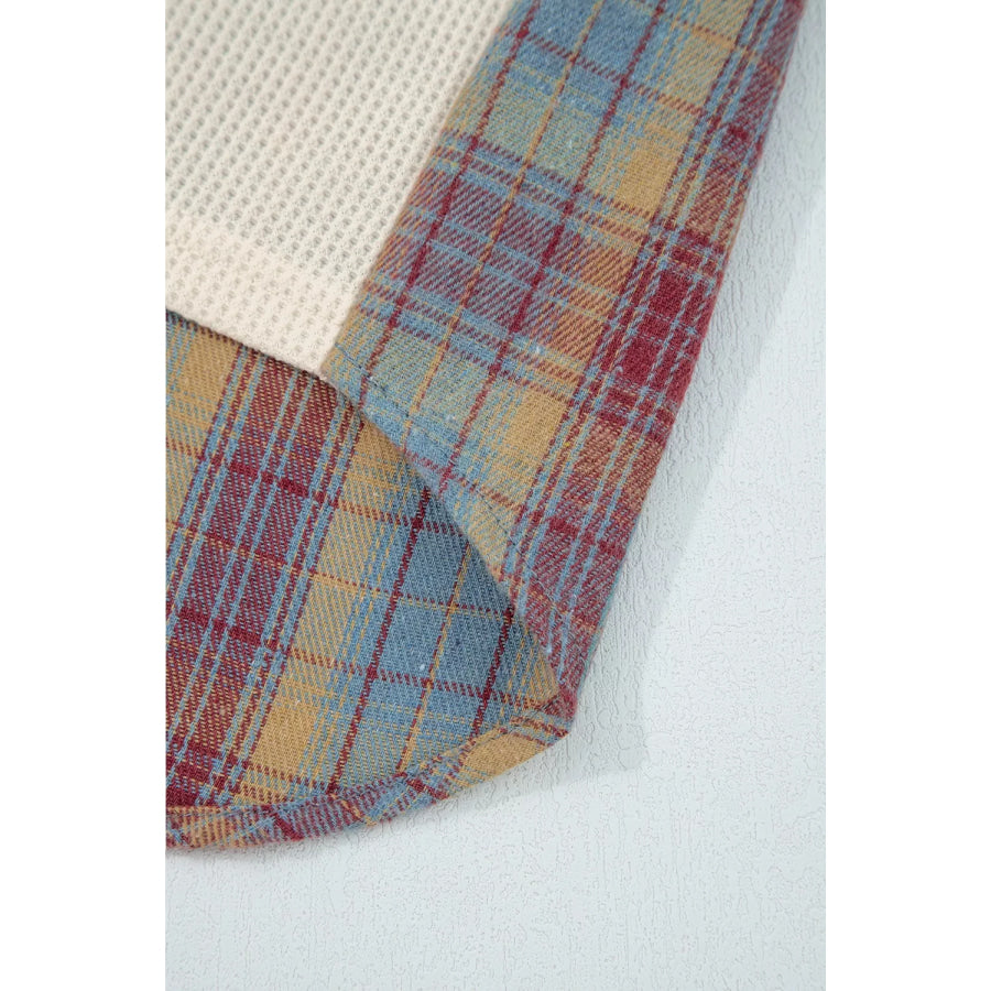 Waffle Knit Plaid Patchwork Long Sleeve Blouse Apparel and Accessories