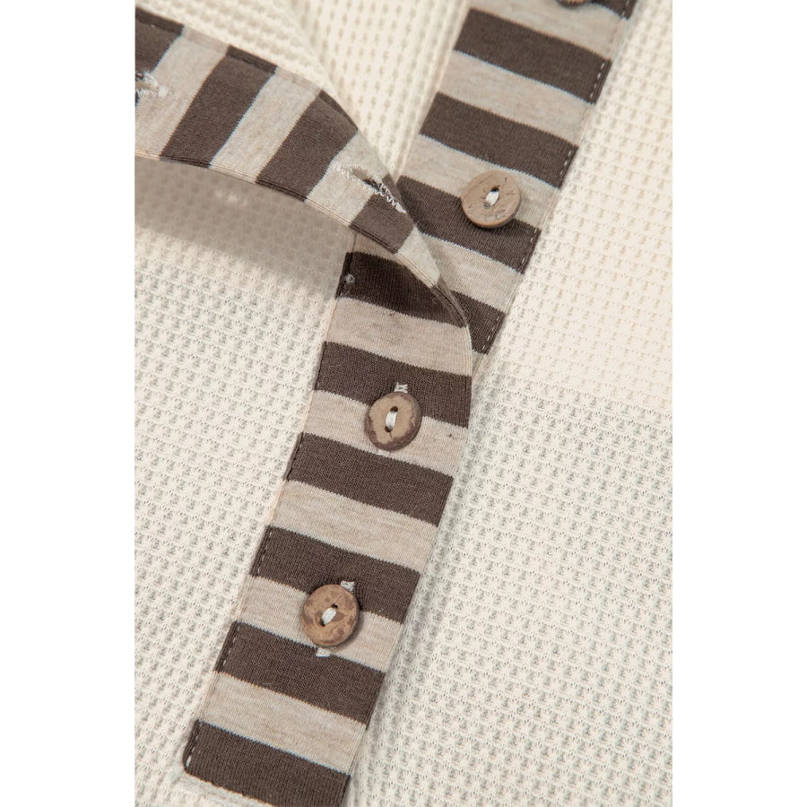 Waffle Knit Plaid Patchwork Long Sleeve Blouse Apparel and Accessories