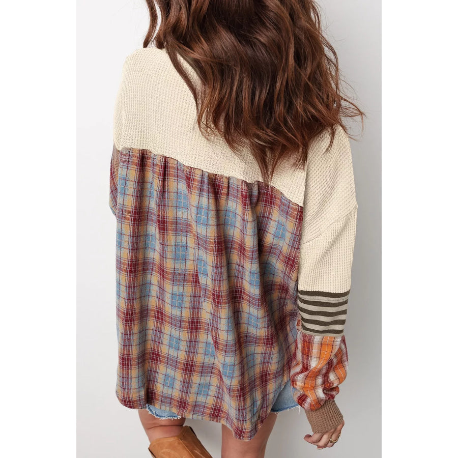 Waffle Knit Plaid Patchwork Long Sleeve Blouse Apparel and Accessories