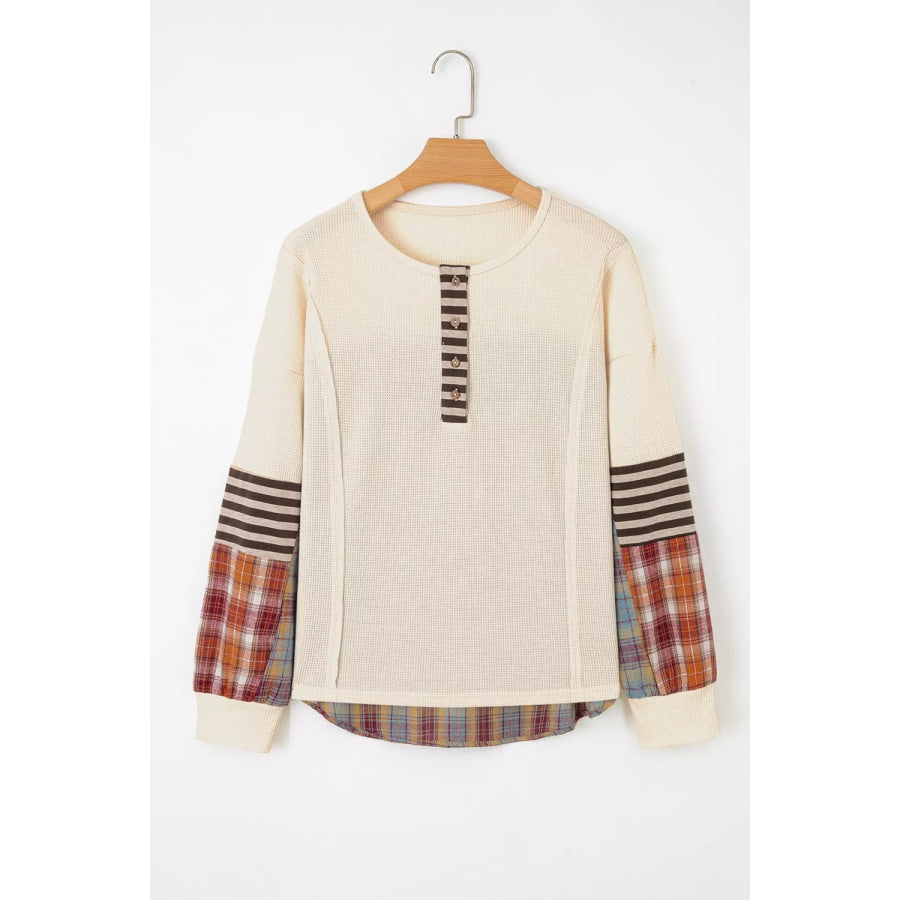 Waffle Knit Plaid Patchwork Long Sleeve Blouse Apparel and Accessories