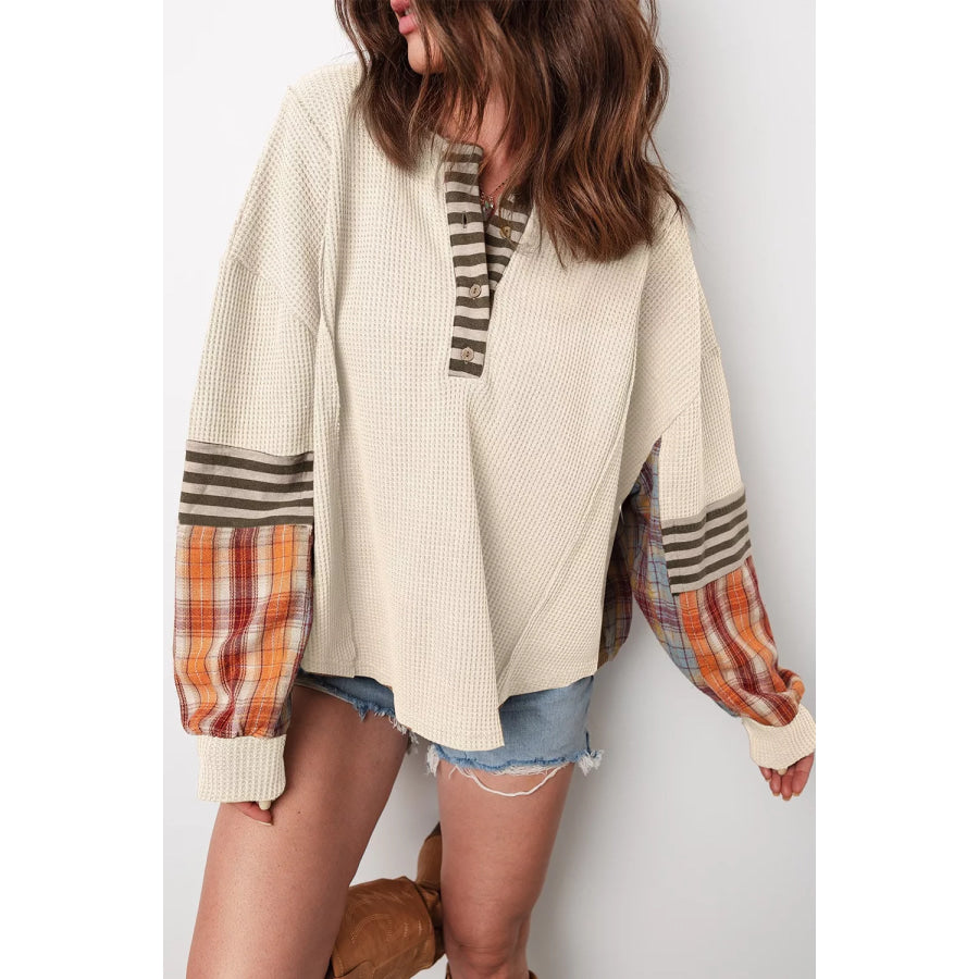 Waffle Knit Plaid Patchwork Long Sleeve Blouse Beige / S Apparel and Accessories