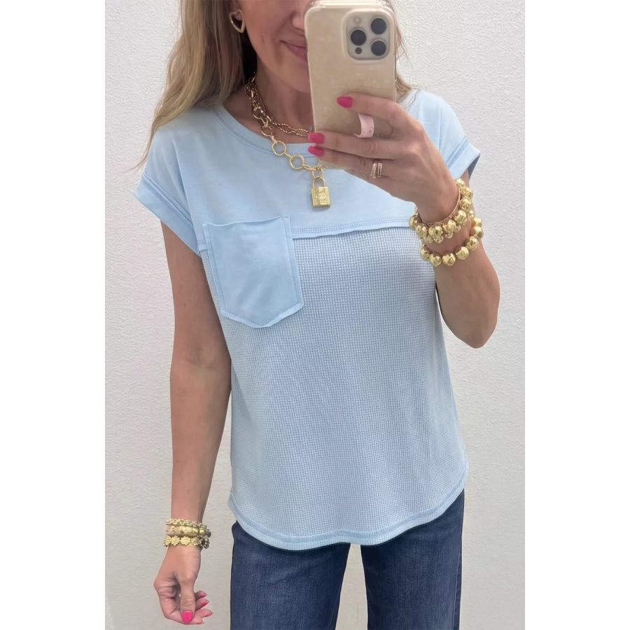 Waffle Knit Pocket T-Shirt Light Blue / S Apparel and Accessories