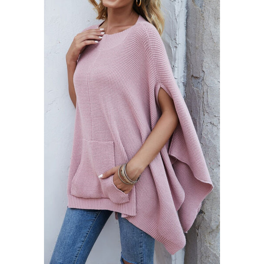 Waffle-Knit Pocketed Cape Sleeve Sweater Apparel and Accessories