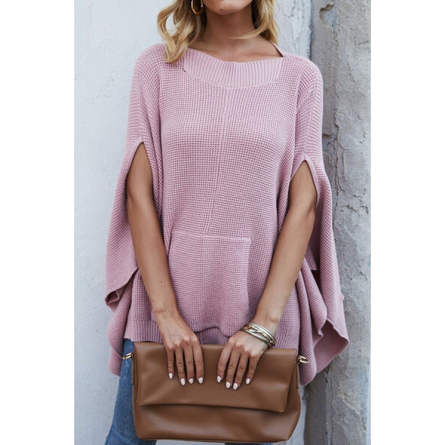 Waffle-Knit Pocketed Cape Sleeve Sweater Apparel and Accessories