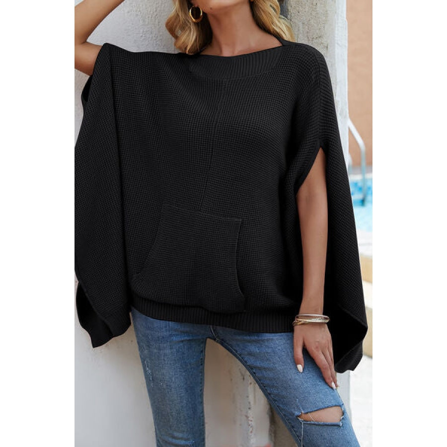 Waffle-Knit Pocketed Cape Sleeve Sweater Apparel and Accessories