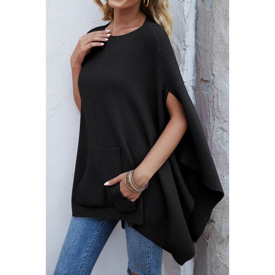 Waffle-Knit Pocketed Cape Sleeve Sweater Apparel and Accessories