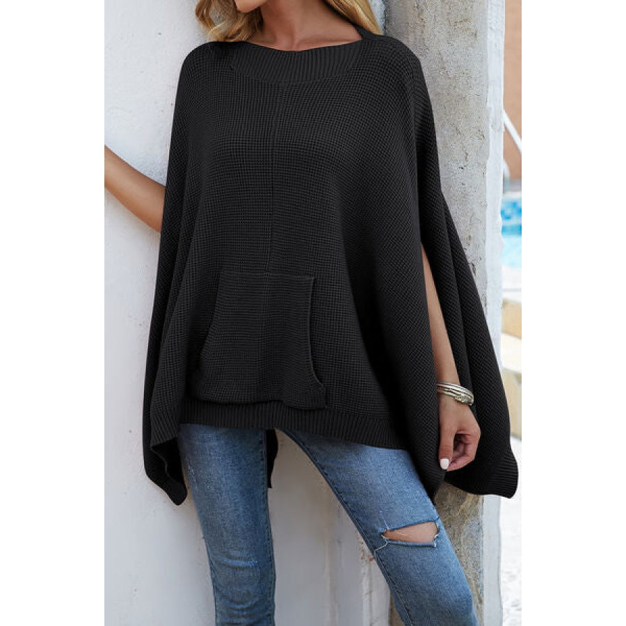 Waffle-Knit Pocketed Cape Sleeve Sweater Black / S Apparel and Accessories