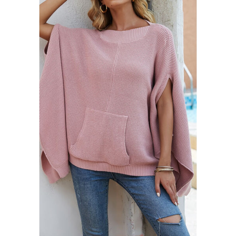 Waffle-Knit Pocketed Cape Sleeve Sweater Carnation Pink / S Apparel and Accessories