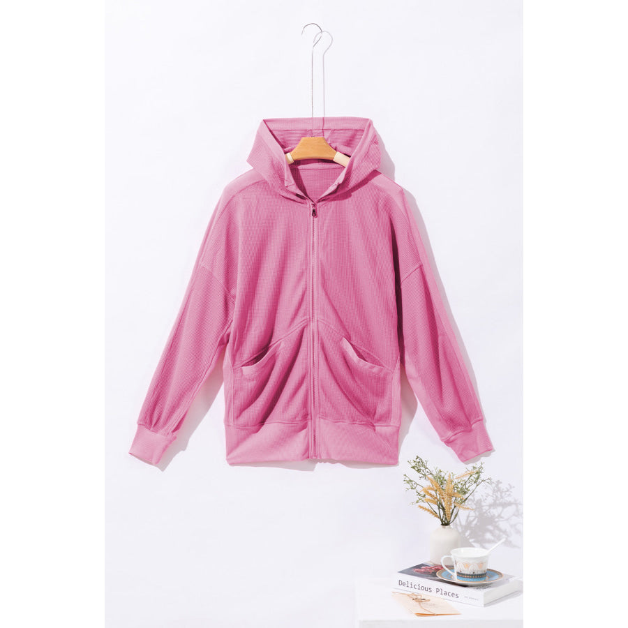 Waffle-Knit Pocketed Zip Up Hooded Jacket Apparel and Accessories