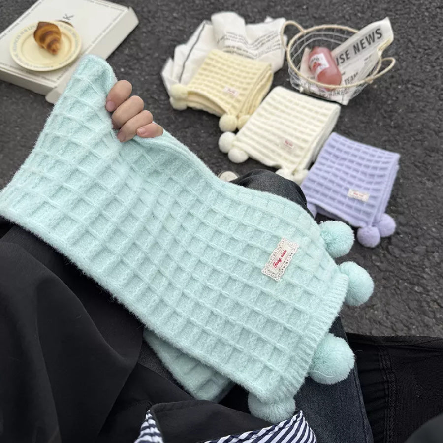 Waffle Knit Pom-Pom Scarf Apparel and Accessories