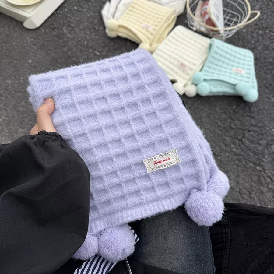 Waffle Knit Pom-Pom Scarf Apparel and Accessories